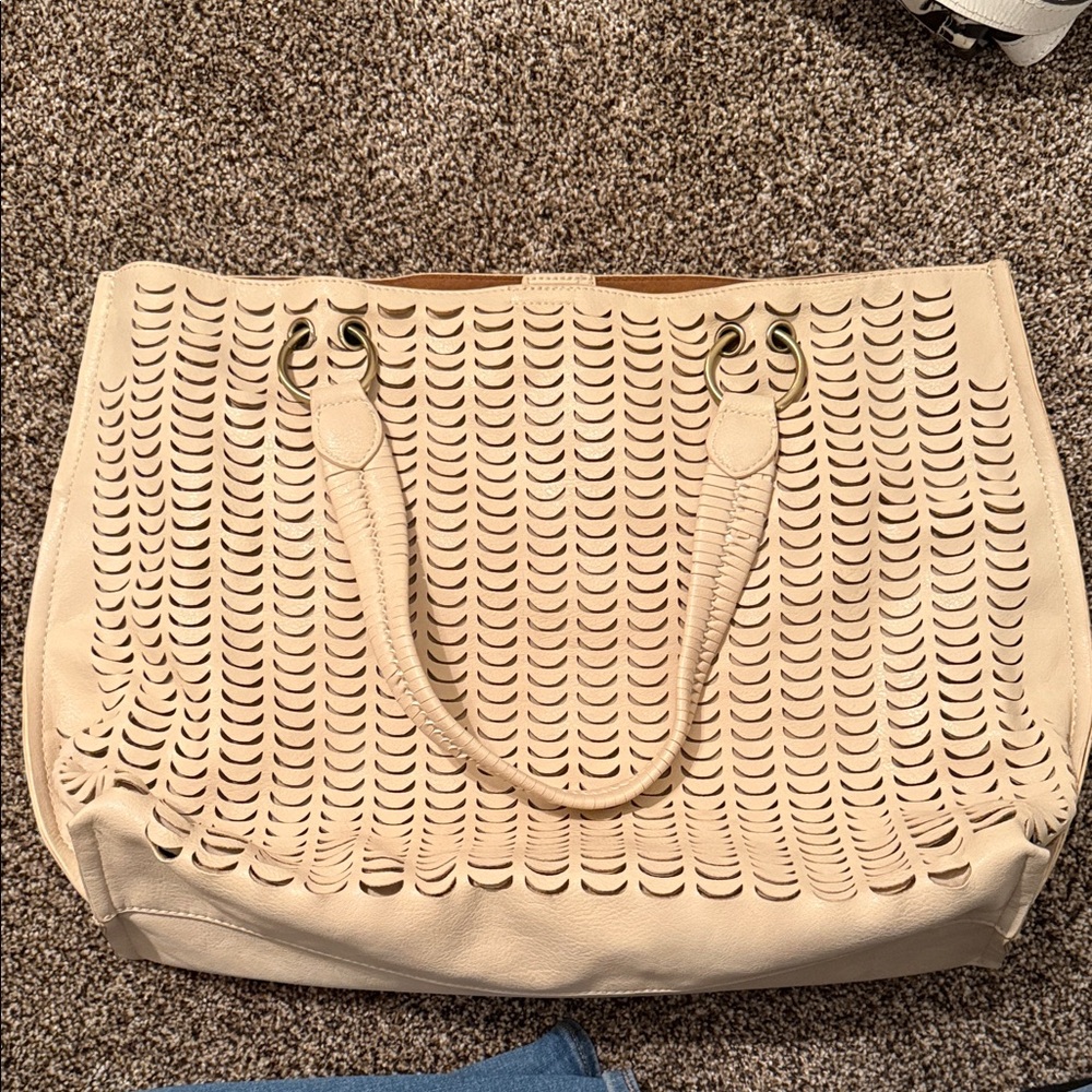 Anthropologie Cream Cut-Out Tote Bag